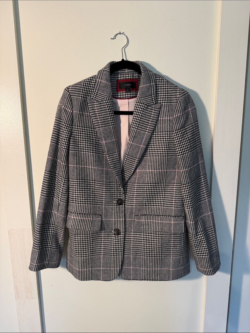 J. Crew Black and White Glen Plaid Blazer with Subtle Pink Windowpane